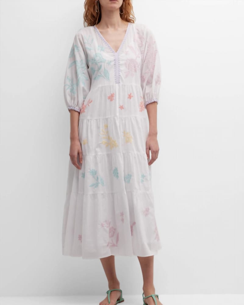 Front of a model wearing a size L Hazel Dolman Tiered Dress In White in White by Johnny Was. | dia_product_style_image_id:342405